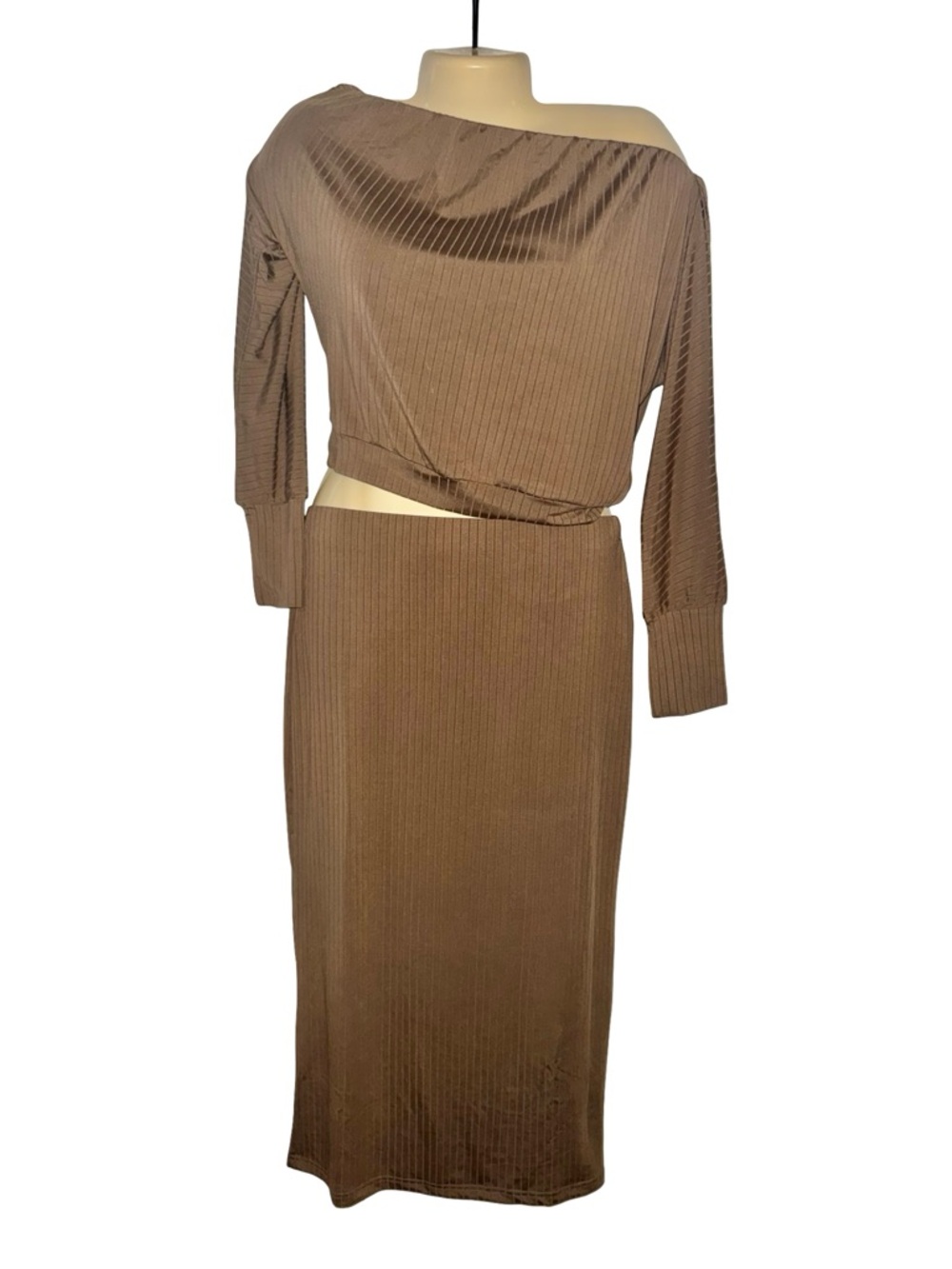 Ribbed One-Shoulder Skirt Set in Taupe